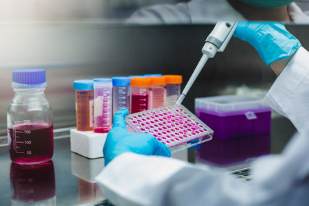 Closeup shot, Scientist use micropipette with sample preparation in the laboratory fume hood for bioassay of in vitro cells on microplate, 96 well in laboratory. Medicinal, Medicine, Biochemistry research.の写真素材