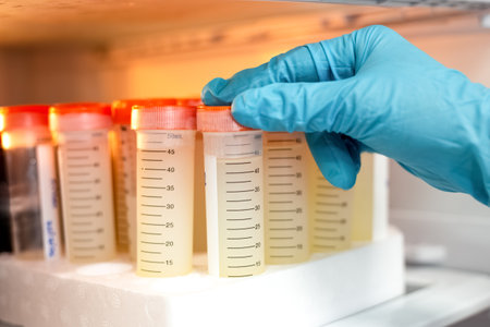 Closeup shot, the hand of the Scientist checking the stock solution of the sample in the refrigerator for bioassay in vitro cells. Medicinal, Medicine, and Biochemistry research.の写真素材