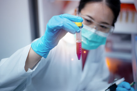 Scientist woman show sample solution in test tube, checking sample solution in the test tube for bioassay in vitro cells. Medicinal, Medicine, and Biochemistry research.の写真素材