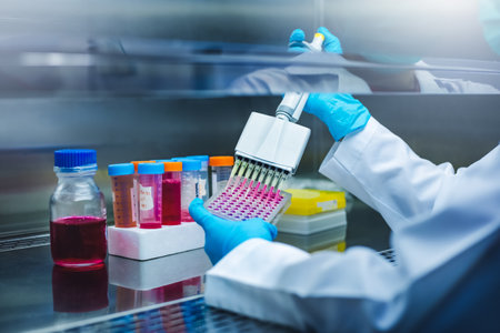 Scientist use multi pipette with sample preparation in the laboratory fume hood for bioassay of in vitro cells on  microplate, 96 well in the laboratory. Medicinal, Medicine, Biochemistry research.の写真素材