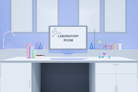 3D illustration concept, Laboratory room interior of scientific workspace for research or experiment, school lab equipment for the education of chemistry, biology, medicine, physic and biotechnology.の写真素材