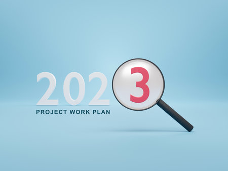 3D illustration of a magnifier focusing on the year 2023. Focus on the project work plan, goals, and strategy concept.の写真素材