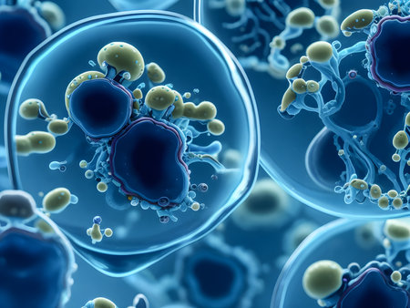 The concept, simulated 3D illustration of e-Coli culture cells in the lab looking by a microscope. Illustration for medical, science, biology, biochemistry, and scientific research. Generative Ai.の素材