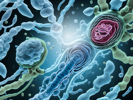 The concept, simulated 3D illustration of the cell membrane of e-Coli and bacteria cells.Illustration for medical, science, biology, biochemistry, and scientific research. Generative Ai.の素材
