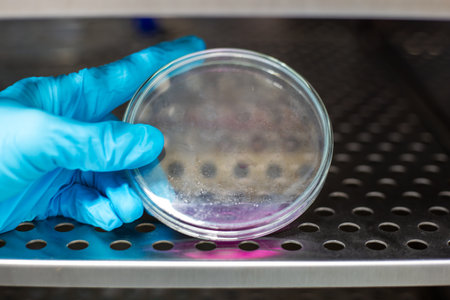 Close-up of a scientist wearing blue gloves holding a Petri dish with pink solution inside a laboratory incubator for microbiology research.の写真素材