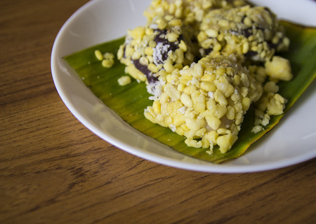mung bean rice crepe Thailand dessert on banana leafの写真素材