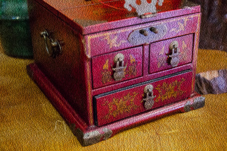 oil paint effect on image of red antique wooden drawer cabinetの写真素材