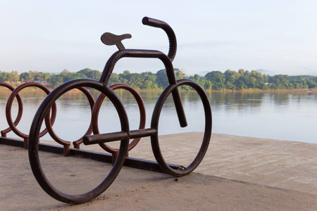 bicycle parking lot beside Mekong river in Loei province in northeastern of Thailandの写真素材