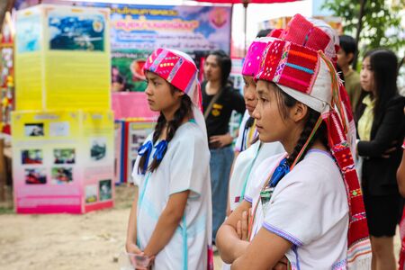 Chiangmai, Thailand - December 18, 2014: thailand hill tribe girl with traditional northern tribe costume in royal project fair at Chiangmai university.のeditorial素材