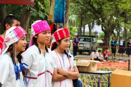 Chiangmai, Thailand - December 18, 2014: thailand hill tribe girl with traditional northern tribe costume in royal project fair at Chiangmai university.のeditorial素材