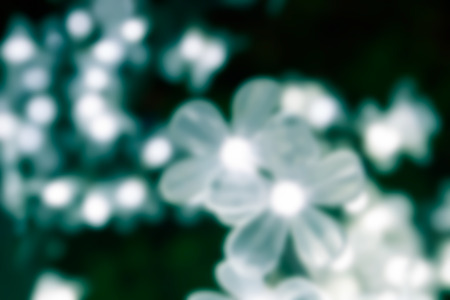blurry defocused image of white light in flower shape decorating on fake tree with bokeh for backgroundの写真素材
