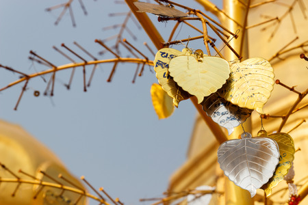 golden metal sheet in bo leaf shape decorating in asian templeの写真素材