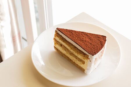 a piece of tiramisu topping with cocoa powderの写真素材