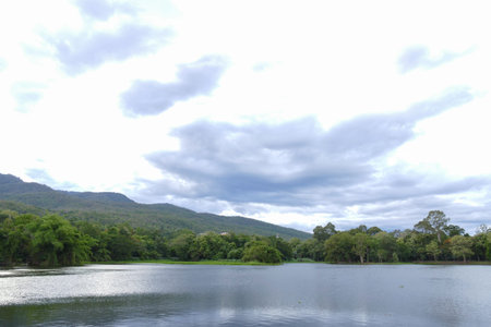 scenic of the mountain and the pond at evening before sunsetの写真素材