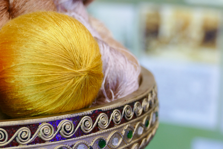 colorful dyed silk yarn, panning leftの写真素材