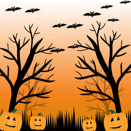 bat, pumpkin and tree on orange background for halloween conceptのイラスト素材