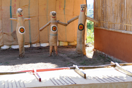 target, wooden crossbow and arrow for playing gameの写真素材