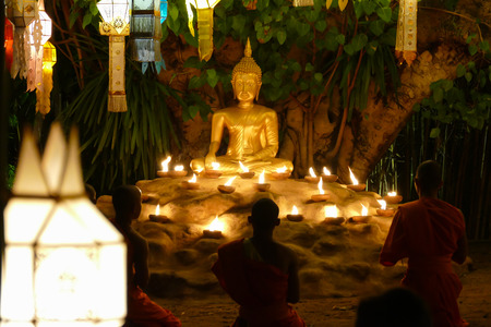 Chiang Mai, Thailand - November 26, 2015: colorful paper lantern and monk ceremony in Yeepeng festival at Puntao temple in Chiang Mai, Thailand on November 26, 2015.のeditorial素材