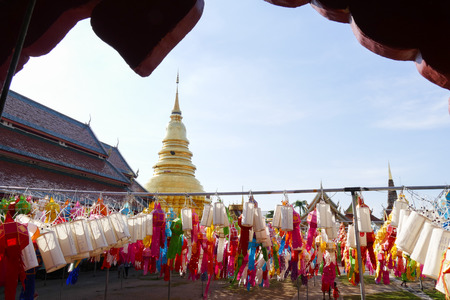 Lamphun, Thailand - November 28, 2015: colorful paper lantern decoration for Yeepeng festival at Wat Phra that hariphunchai temple in Lamphun, Thailand on November 28, 2015.のeditorial素材