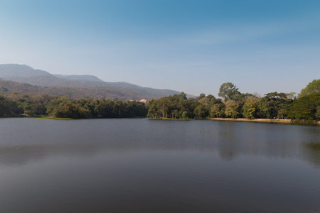 view of mountain and the pond in the parkの写真素材