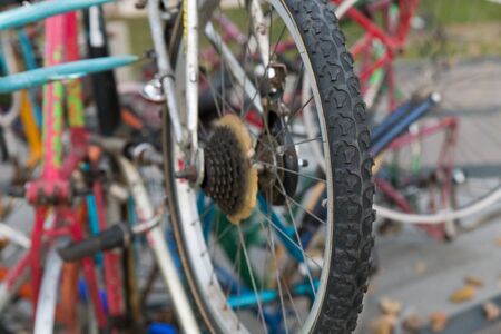 old bicycle wheel and tire for recycleの写真素材