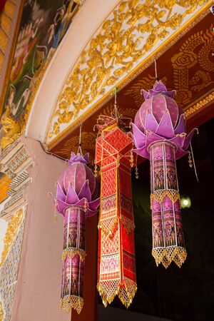 entrance of the buddhism church decorating with Thailand traditional paper lanternの写真素材