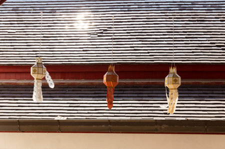 thailand traditional paper lantern decorating in templeの写真素材