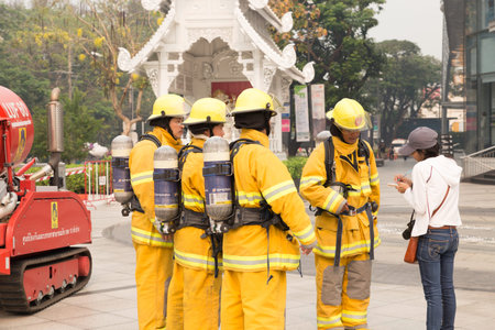 Chiang Mai, Thailand - March 25, 2016: firefighter in mock disaster drill at Maya shopping center in...