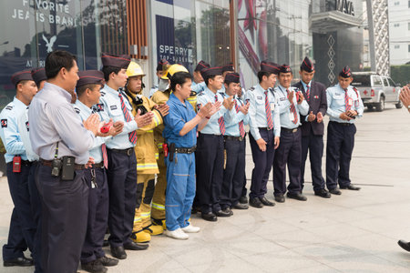 Chiang Mai, Thailand - March 25, 2016: security guard in mock disaster drill at Maya shopping center...