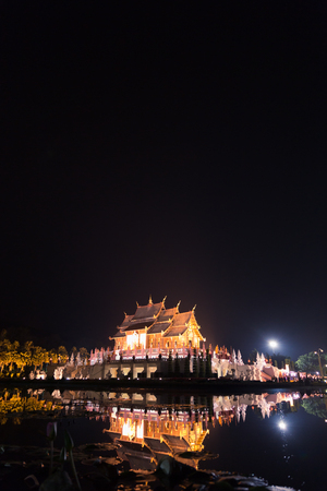 Chiang Mai, Thailand - April 2, 2016: reflection of royal pavilion architecture on the pond at royal park rajapruek which is botanical garden travelling attraction in Chiang Mai, Thailand on April 2, 2016.のeditorial素材