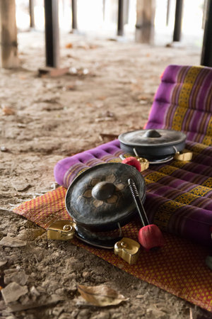 Thai ancient hammer, drum and cushion on the groundの写真素材
