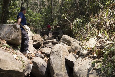 Chiang Mai, Thailand - May 3, 2016: hiker trekking in forest in Doi Suthep national park in Chiang Mai, Thailand on May 3, 2016.のeditorial素材