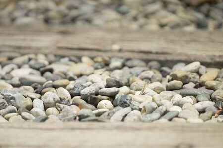 stone and wooden plank paving on walkway in gardenの写真素材