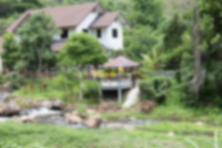 house beside creek in forest, blur for use as background