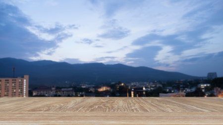 wooden table for display or montage your product with blur background of mountain view, cityscape...