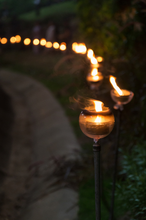 row of candle light in the park at nightの写真素材