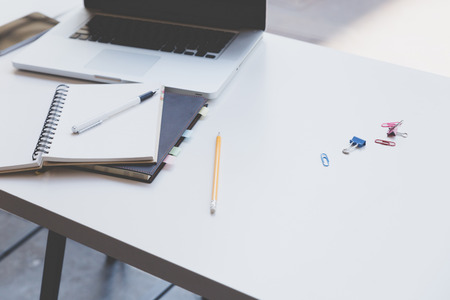 document and laptop computer for use as office workplace conceptの写真素材