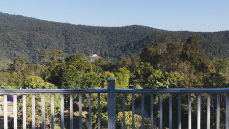 white wood terrace balcony on hill with mountain landscape