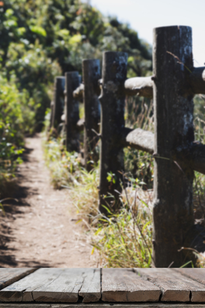 blur image of Kew Mae Pan Nature Trail (Doi Inthanon National Park) in winter season in Chiangmai,Thailand with selected focus empty wood table for display your productの写真素材
