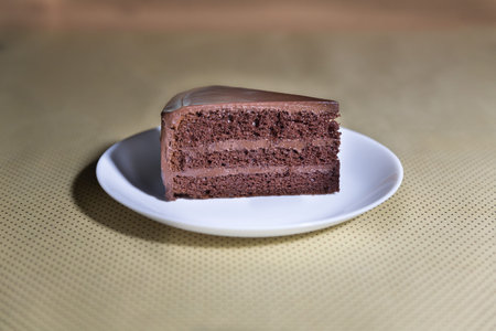 Delicious dark chocolate cake in white plate on table