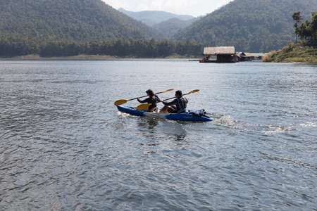 Chiang Mai, Thailand - December 27, 2016:  Tourists kayaking on lake in the mountains at Mae Ngad Dam and Reservoir in Chiang Mai, Thailand on December 27, 2016のeditorial素材