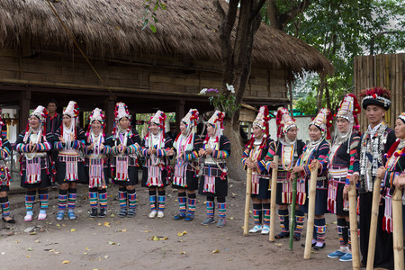 Chiang Mai, Thailand - January 11, 2017: Thailand akha hill tribe waiting to perform traditional dance show for tourist in "following the king on highland festival" in Chiang Mai, Thailand on January 11, 2017.のeditorial素材