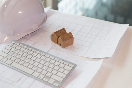 Engineer or architect Office desk background construction project ideas concept, With drawing...