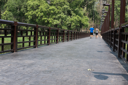 A couple and their dog walking on bridge in a park in summerの写真素材