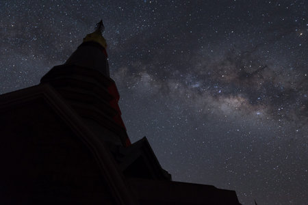 milky way with landmark pagoda in Doi Inthanon mountain, natural astronomy landscape, Chiang Mai,...