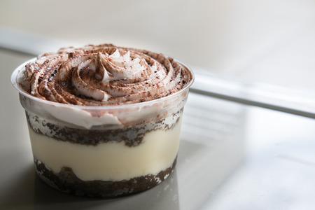 homemade Tiramisu cake, traditional Italian dessert in a cupの写真素材
