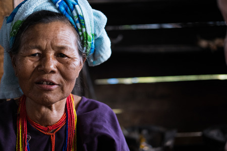 Chiang Mai, Thailand - September 14, 2017: Unidentified elder woman from Karen ethnic hill tribe minority with traditional clothes in Chiang Mai, Thailand on September 14, 2017.のeditorial素材
