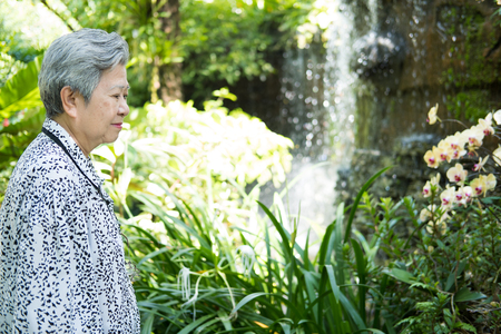 Asian elder woman resting in garden.のeditorial素材