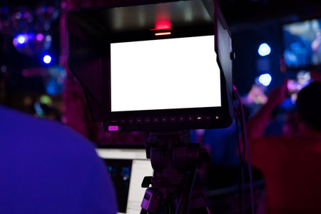 blank white screen of camera viewfinder for broadcasting live event in night club. video production...