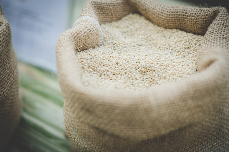 white uncooked grain rice in burlap sack bagの写真素材